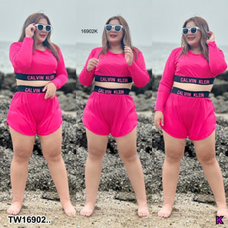 J16902 เซท #Bigsize 2 ชิ้น ชุดว่ายน้ำแขนยาวคอกลม + กางเกงขาสั้นเว้า Set 2 pieces. Long sleeve swimsuit + concave shorts.