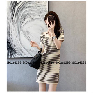 MQzz4289 🐱พร้อมส่ง🐱 เสื้อยืดคอปกแขนสั้น ลายทาง ผ้าไหมพรม FreeSize