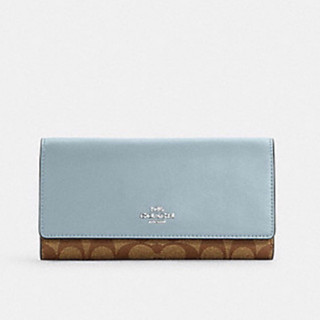 SLIM TRIFOLD WALLET IN SIGNATURE CANVAS (COACH C5966) SV/KHAKI/POWDER BLUE