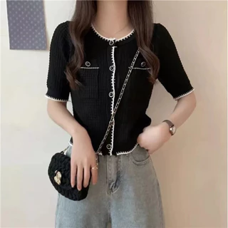 DODO🌟พร้อมส่ง​🌟​เสื้อคอกลมแขนสั้นแต่งกระเป๋าสองข้างทรงสวยฮิตสไตล์คุณผู้หญิงสีดำ/สีขาว(10029)