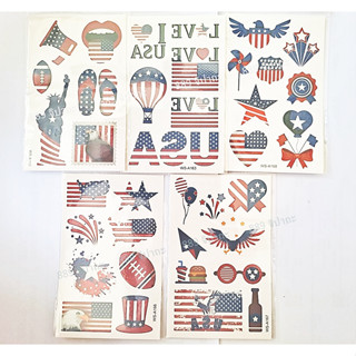 sticker tattoo แทททู รอยสักชั่วคราว ประเทศ อเมริกา USA US United States ลายธงชาติ หัวใจ บอลลูน ดาว เทพีเสรีภาพ เหยี่ยว