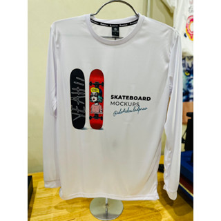 เสื้อยืดผ้าไมโครไฟเบอร์ สีขาว คอกลม แขนยาว สกรีนลายสเก็ตบอร์ด