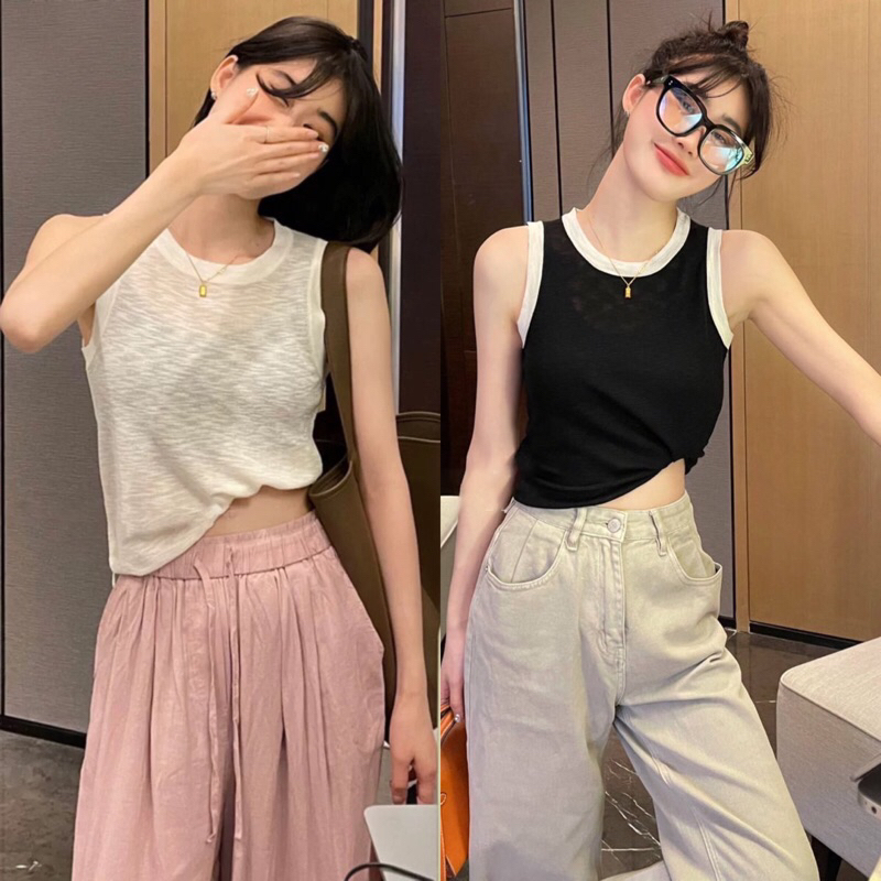 Lady_Sakura 9243/AI.E#เสื้อแฟชั่นลายทาง+ สีพื้น#เสื้อครอปใหมพรมคอกลมแต่งขอบสี