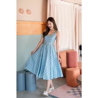 PD136 Polkadot Midi Dress เดรสผ้าค๊อตต้อน แขนกุด เว้าหลังต่ำ กระโปรงบาน มีกระเป๋ากระโปรง