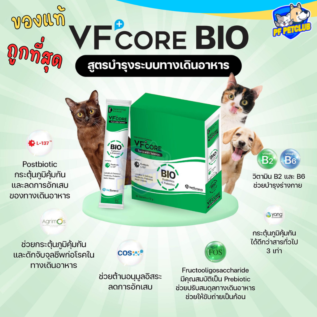 VF+core BIO กล่องสีเขียวมรกต อาหารเสริมแมวเลีย ปรับสมดุลทางเดินอาหาร ลดอาการท้องเสีย ลำไส้อักเสบ [ M