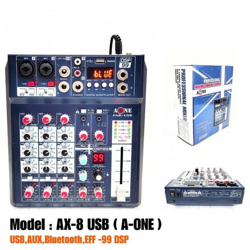 เครื่องผสมเสียง รุ่น AONE AX-8-USB มิกเซอร์ ออดิโอ อินเตอร์เฟสและมิกเซอร์ mixer มิกเซอร์12v mixer เค