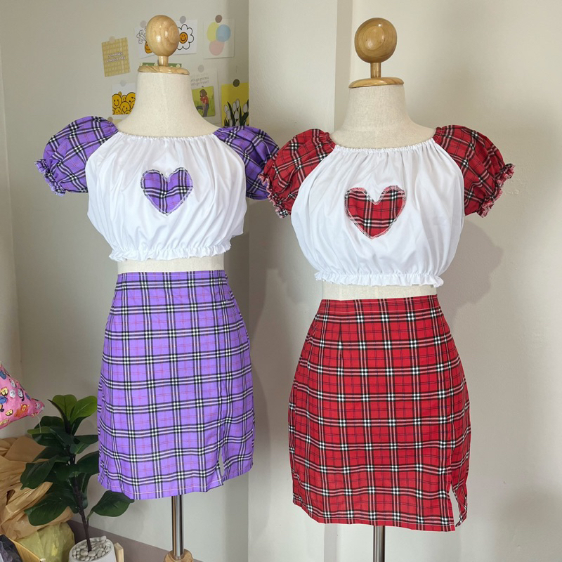 Individual Sets 129 บาท ชุดเซ็ตสก้อตลายหัวใจ เซทกระโปรง Women Clothes