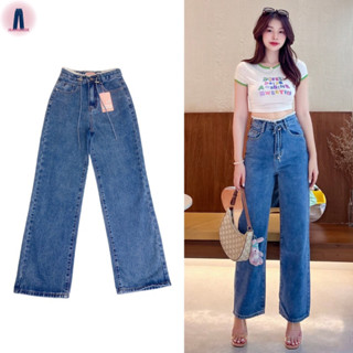 Jsara jeans กางเกงยีนส์เอวสูงทรงกระบอกกลางแต่งขนมุ้งมิ้งขอบเอว #21356 jeansdede