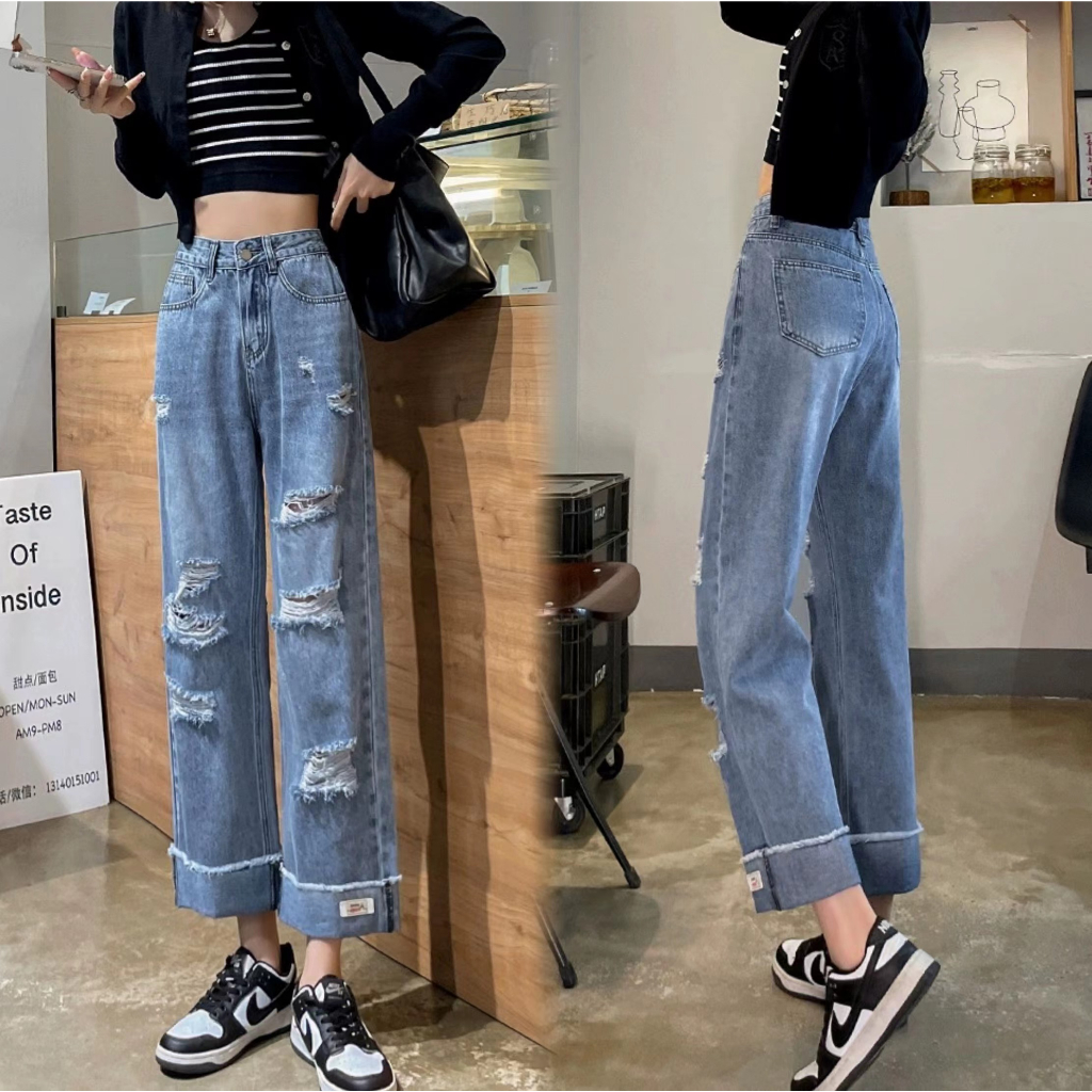 Swan shop  ☘️กางเกงยีนส์ยาวเอวสูงขัดขาดพับขา ขากระบอก วินเทจ ทรงสวย มีไซส์XS-XXLค่ะ