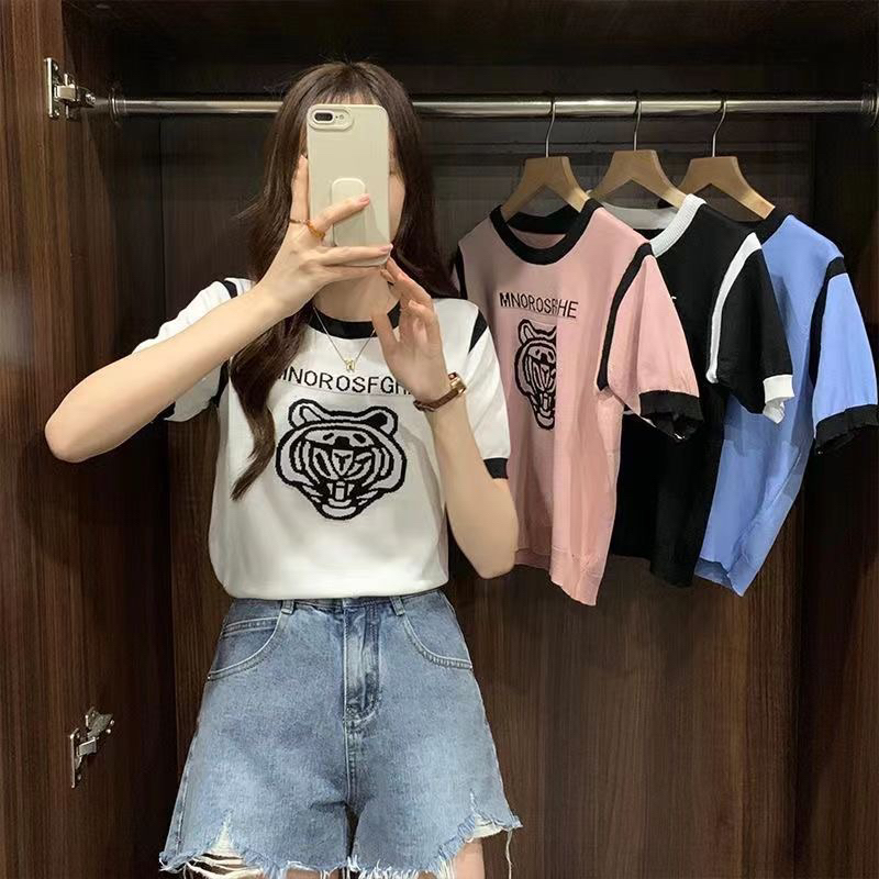 1LDKพร้อมส่งเสื้อยืดคอกลม แขนสั้น ปักลายเสือ แต่งขอบเท่ๆ(55085)