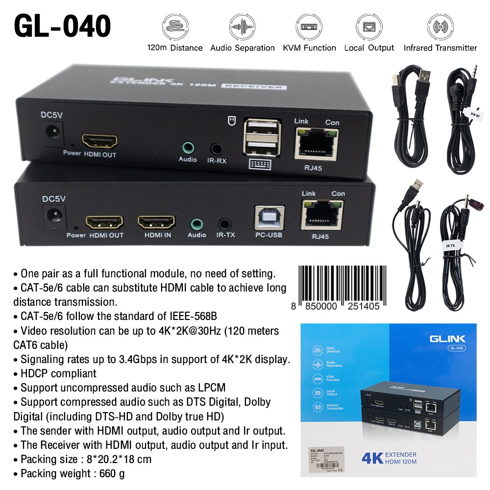 GLINK ⚡️FLASH SALE⚡️ (ราคาพิเศษ) GL-040 4K,120M HDMI KVM EXTENDER OVER CAT6 รุ่น GL040
