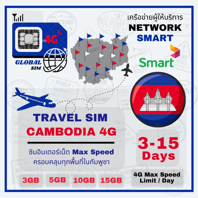 Cambodia SIM ซิมกัมพูชา SMART SIM 3-15 Days 4G Max speed limit/ day