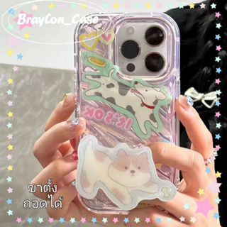 🌷Braylon🌷ขอบเต็ม ป้องกันการหล่น ขาตั้ง ถอดได้ iphone 11 14 pro max การ์ตูน ลูกแมว เส้นขอบโปร่งใส case for iPhone 12 13