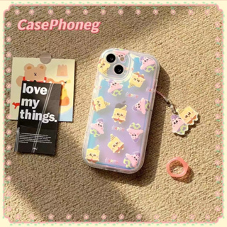 🍑CasePhoneg🍑จัดส่งภายใน24ช ขอบเต็ม iPhone 11 14 pro max พร้อมโซ่ เส้นขอบโปร่งใส การ์ตูน สพันจ์บ็อบ case for iPhone 12 13