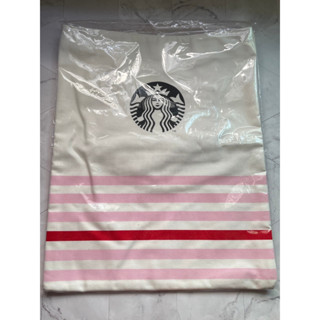 Starbucks Pink Tote Bag กระเป๋าผ้าลายทางสีชมพูขาว มีซิป มีช่องด้านใน (ไม่มีกระเป๋าใบเล็ก) ของแท้ พร้อมส่ง