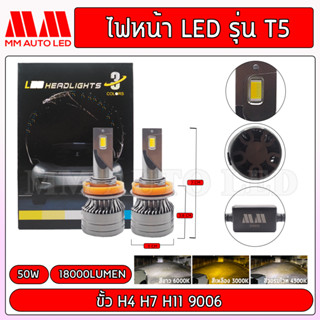 ไฟหน้าLED T5 3สี (รับประกัน 1ปี 50W 6000K 18000LM) มีขั้ว H4 H7 H11 9006