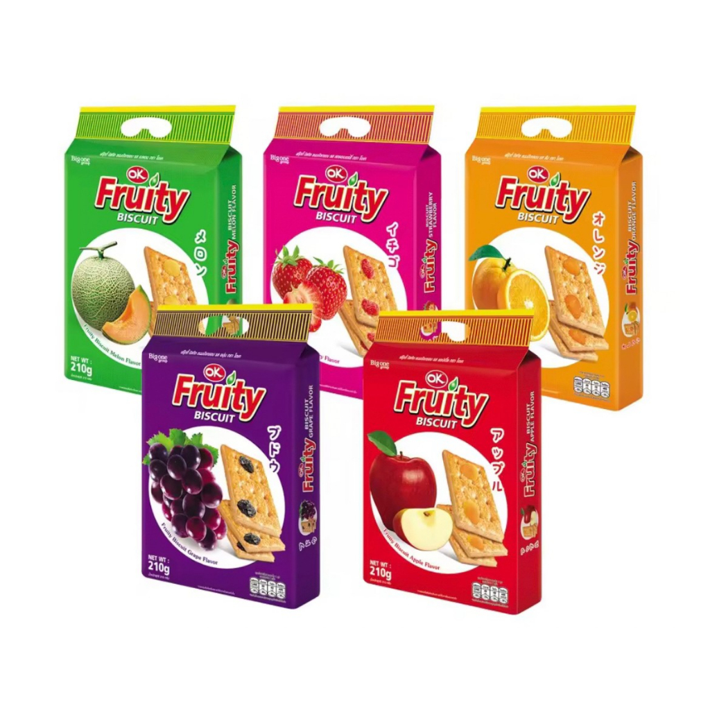 OK (โอเค) Fruity Biscuit บิ๊กวัน โอเค ฟรุ๊ตตี้ บิสกิด 210g. บรรจุ 8 ซอง 5 รสชาติ เมลอน ส้ม แอปเปิ้ล สตอเบอรี่ องุ่น