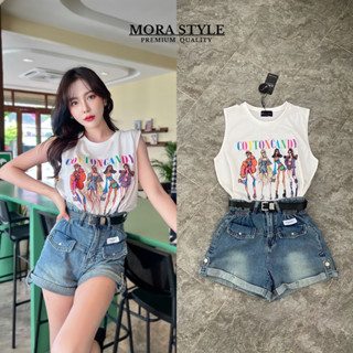 เซตเสื้อแขนกุดสกรีนลายและกางเกง (D183) mora style