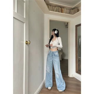 Cicishop(999)กางเกงยีนส์ขายาวทรงกระบอกใหญ่ ดีเทลเรียบๆแต่ดูแพง ใส่ได้ทุกงาน
