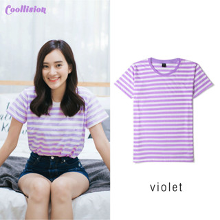 #Coollision-( VIOLET )-เสื้อยืดแขนสั้นลายทางสีม่วงอ่อนสลับขาว เสื้อลายทางริ้ว 1 ซม.unisex