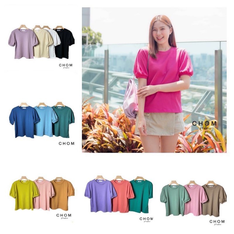 Chom️‍เสื้อยืดแขนตุ๊กตา จับจีบแขนผ้ารังผึ้ง ทรงสวยใส่สบาย️‍งานป้าย