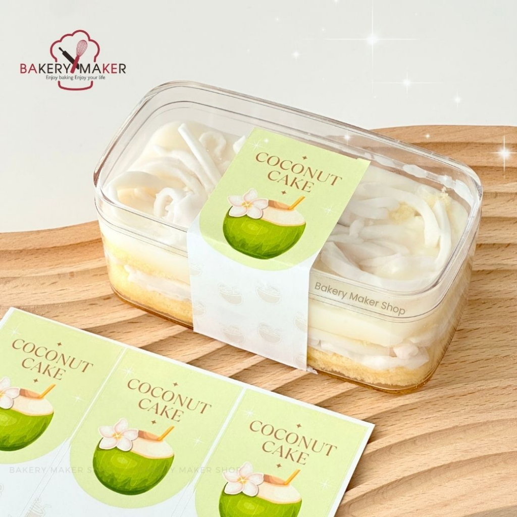 สติกเกอร์ Coconut Cake 18 ดวง โทนขาวเขียว / สติกเกอร์ รูปมะพร้าว เค้กมะพร้าว ตกแต่งกล่องขนม Sticker คาดยาว