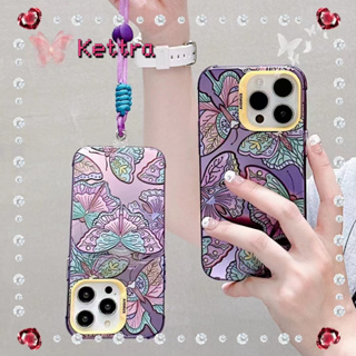 💜Kettra💜ป้องกันการหล่น ขอบเต็ม พร้อมโซ่ iPhone 11 14 pro max ผีเสื้อ ขาตั้ง ถอดได้ สีม่วง หวานเท่ case for iPhone 12 13