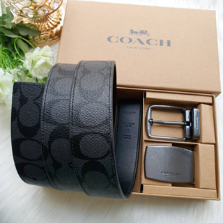 💚แท้💯 พร้อมส่ง💚เข็มขัดชายเส้นใหญ่ COACH 22540 Boxed Harness Plaque Reversible Belt In Signature Canvas