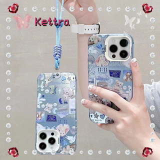 💜Kettra💜ป้องกันการหล่น ขอบเต็ม พร้อมโซ่ iPhone 11 14 pro max การ์ตูน หมีน้อย สีฟ้า หวานสวย case for iPhone 12 13