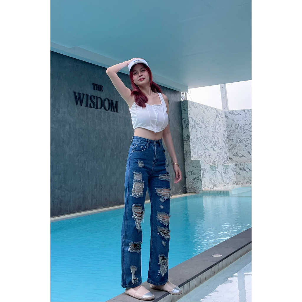 [ YHJEANS ] 72044 ยีนส์ขากระบอกแฟชั่นผู้หญิงสีน้ำเงินขาดเซอร์ยีนส์ป้าย