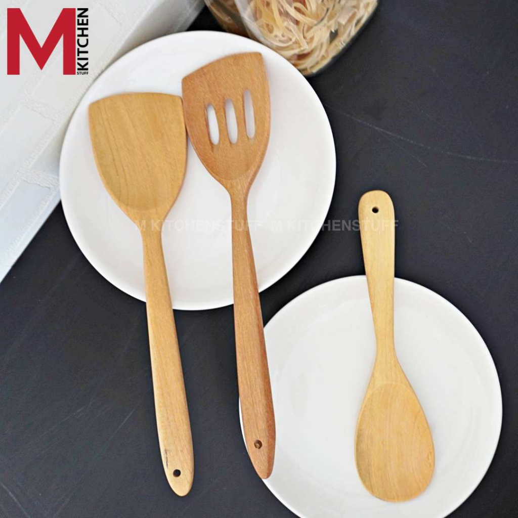 M KITCHEN ตะหลิว ตะหลิวไม้ ทนความร้อน ตะหลิวมีร่อง ทัพพี เครื่องครัว ชุดครัว (C3)