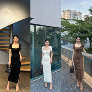 เดรสยาวผ้ายืดทอลายหัวใจ กระโปรงแหวกข้าง มีซับใน