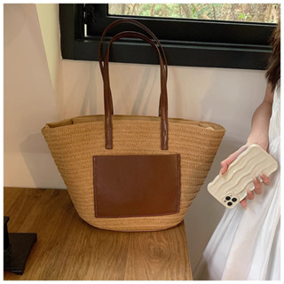 พร้อมส่ง2 สี กระเป๋าสาน สายหนัง กระเป๋าสานสายหนัง ทรงshoppping bag minimal แต่งช่องหนัง P217