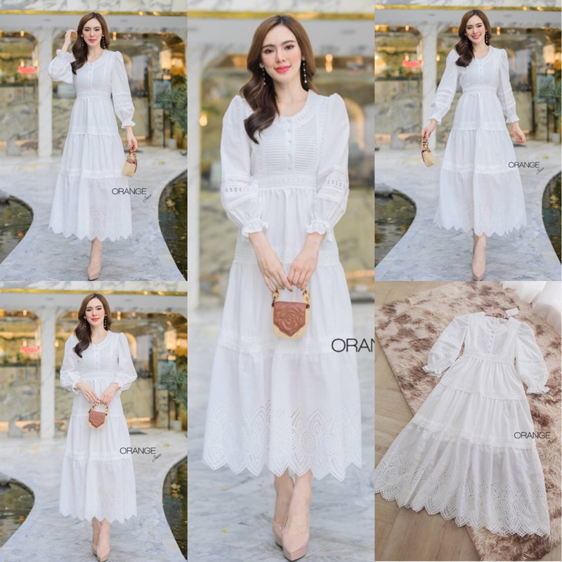 🧡พร้อมส่ง S-2XL🧡ป้าย Orange Juice💕เดรสยาว เดรสลูกไม้สีขาว แขนยาว แต่งระบายชายฟันปลา