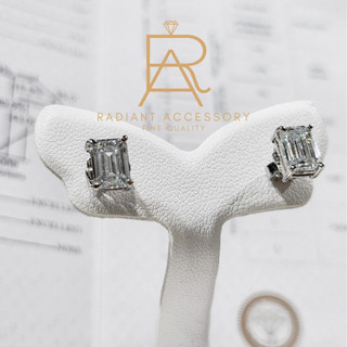 ต่างหูเงินแท้ชุบทองคำขาว ฝังเพชร Moissanite Emerald cut