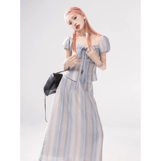 Pear Blossom Apparel Set ชุดเชตเสื้อแขนตุ๊กตา+กระโปรงยาว ลายทางแนวยาวสีฟ้า