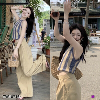 TT18716 set 2 ชิ้น เสื้อไหมพรมแขนกุด ลายทาง + กางเกงขากระบอกกว้าง  Set of 2 pieces. Striped sleeveless knit shirt + wide