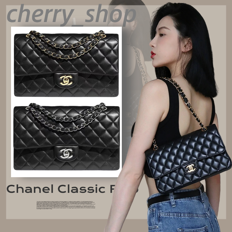 🍒ชาแนล Chanel Classic Flap CF chain crossbody bag Black gold 23cm&amp;25cm A01112🍒