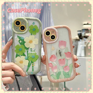 🍑CasePhoneg🍑รุ่นโซ่ ป้องกันการหล่น ขอบเต็ม iPhone 11 14 pro max ดอกไม้ ลวดลาย ดอกทิวลิป สีชมพู case for iPhone 12 13