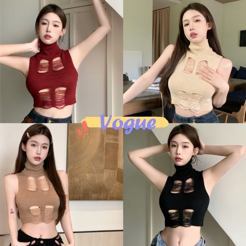 Vogue พร้อมส่ง เสื้อกล้ามไหมพรม คอเต่า ดีเทลขาดๆเซ็กซี่ (W391) -C