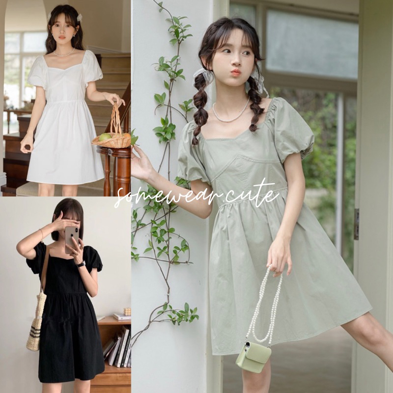 Mini Dress มินิเดรสสั้น เดรสมินิมอลแขนตุ๊กตา ปาดไหล่ได้ น่ารักมาก