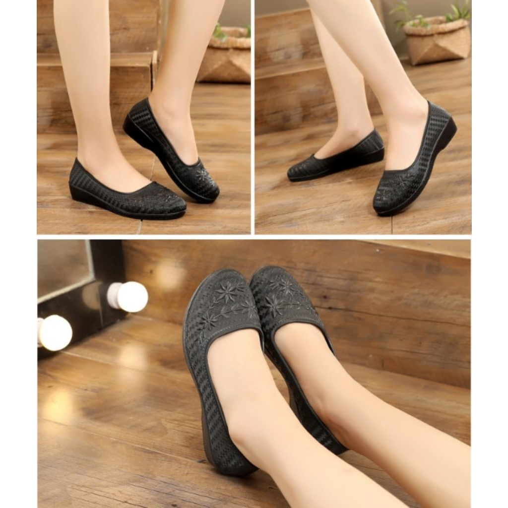 ꕥCatalog shoesꕥ รองเท้าคัชชูส้นเตี้ย แต่งลายดอกไม้ ยางนิ่มใส่สบาย มี 3 สี เบอร์ 36-41