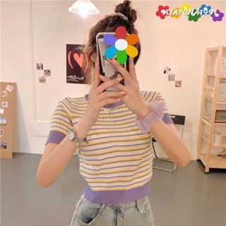TA-01  เสื้อแฟชั่น ไหมพรม ผ้านิ่ม ลายทาง คอกลม ครอป สไตล์เกาหลี ajaygna1991