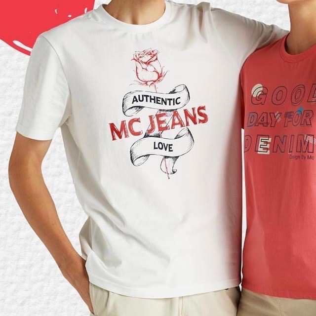 เสื้อยืด ผู้ชาย แบรนด์เนม Mc JEANS ของแท้100% เสื้อยืดคอกลมชาย แม็ค สีขาวลายกุหลาบ
