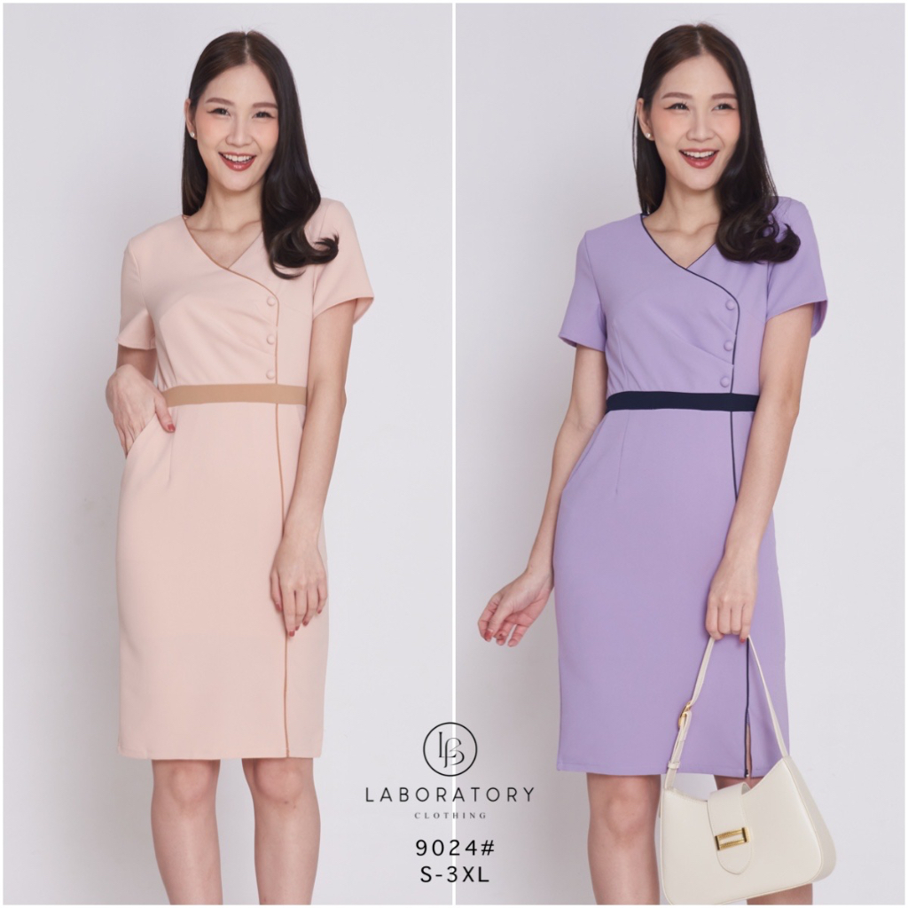 Laboratory 9024เดรสคอวีทรงป้ายหน้าแต่งกระดุมสีพื้น มีไซส์ รูปที่ 5