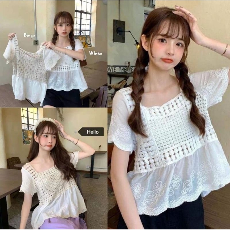 bearbeary เสื้องานถักโครเชต์ คอเหลี่ยม สวย