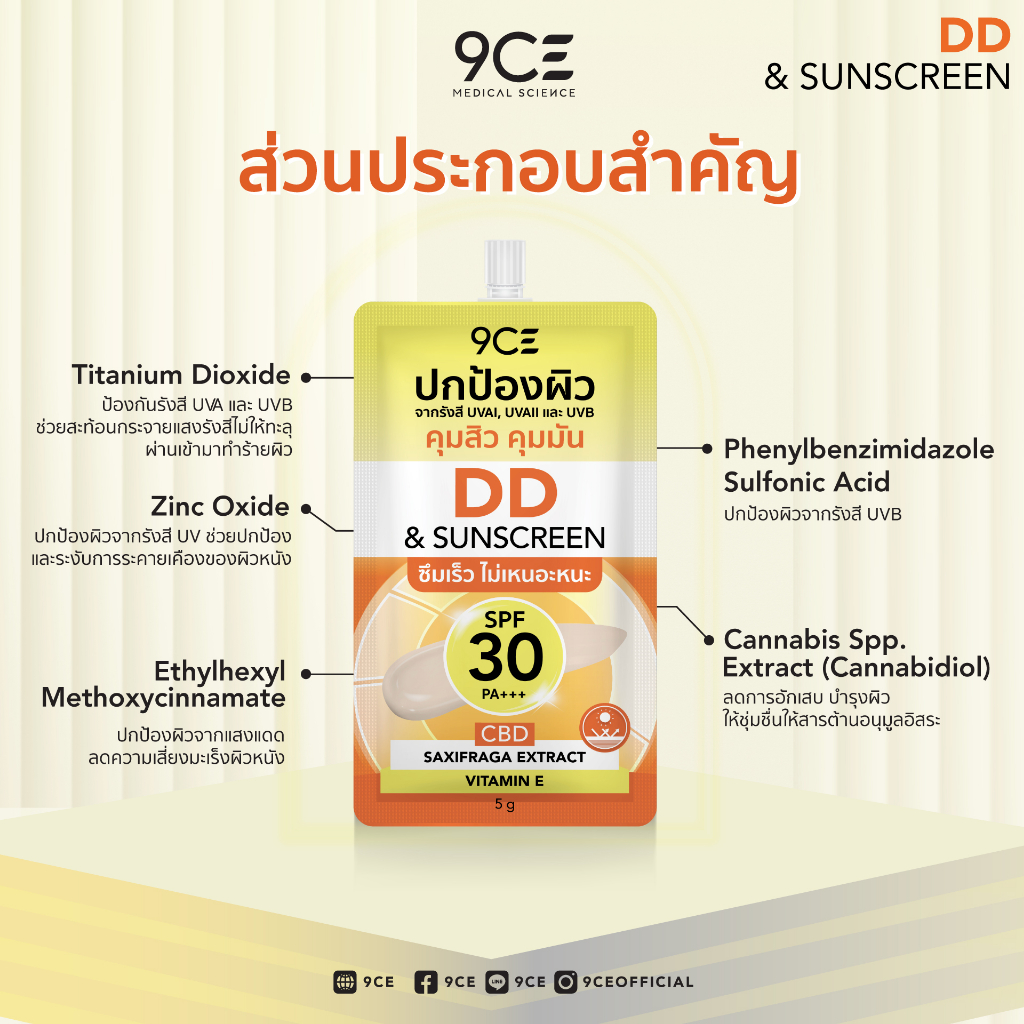 9CE DD SUNSCREEN ครีมกันแดด SPF 30 PA ปกป้องรังสี UVAI UVAIl UVB ไม่ ...