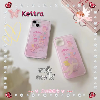 💜Kettra💜ป้องกันการหล่น ขอบเต็ม iPhone 11 14 pro max ขาตั้ง ถอดได้ การ์ตูน นางฟ้า สีชมพู หวานสวย case for iPhone 12 13