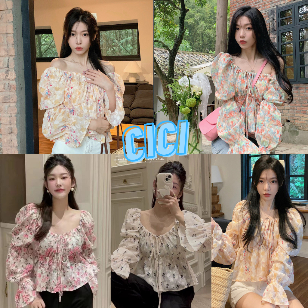 ส่งทันที Cici(NO. 3130)เสื้อCroptopชีฟอง แขนยาวแต่งระบาย ดีเทลผูกเชือกด้านหน้า ผ้าเบาใส่สบาย