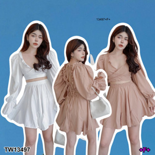 TwinsShopVip💗พร้อมส่ง TW13497 Set เสื้อครอปแขนยาวผูกหลัง+กระโปรงสั้น Set: long sleeve crop top + short skirtSe